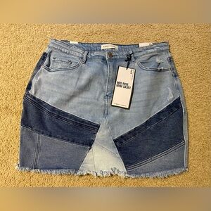 Almost Famous 16W blue frayed patchwork jean hippie mid rise mini skirt NEW
